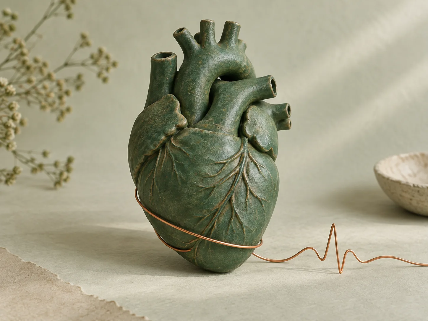 A sculpted green ceramic heart with a fine copper heartbeat line