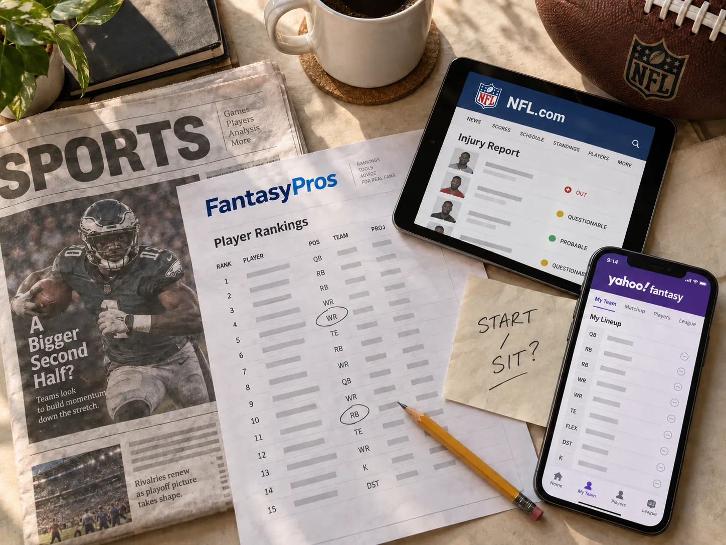A fantasy-football research desk with FantasyPros rankings, NFL injury news, a sports newspaper, and a Yahoo Fantasy lineup