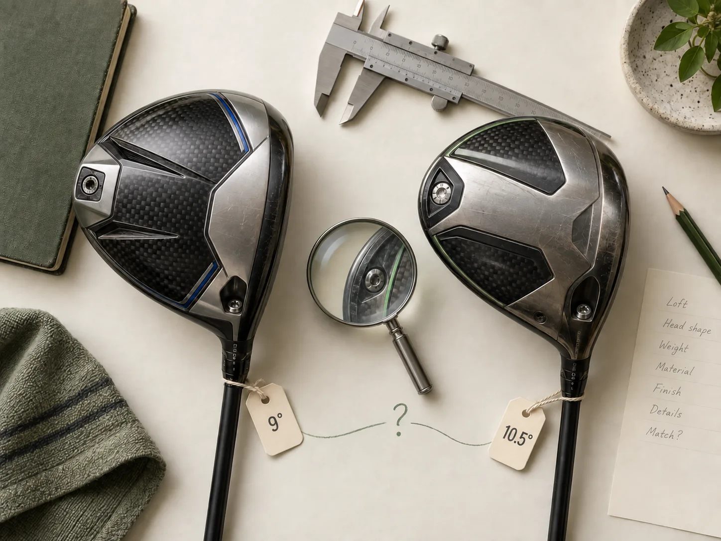 Two golf drivers with different lofts laid out for close comparison